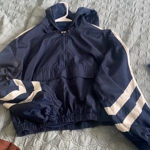 Blue cropped bomber jacket.